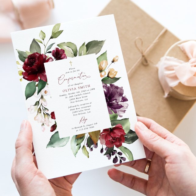 Burgundy Flowers, Pink Flowers, Boho, Confirmation Invitation (Creator Uploaded)