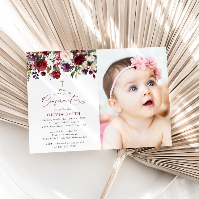Burgundy Flowers, Pink Flowers, Boho, Confirmation Invitation (Creator Uploaded)