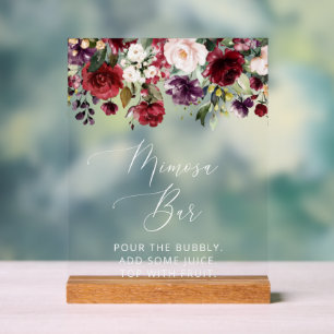 Burgundy Flowers, Pink Flowers, Boho, Mimosa Bar Acrylic Sign