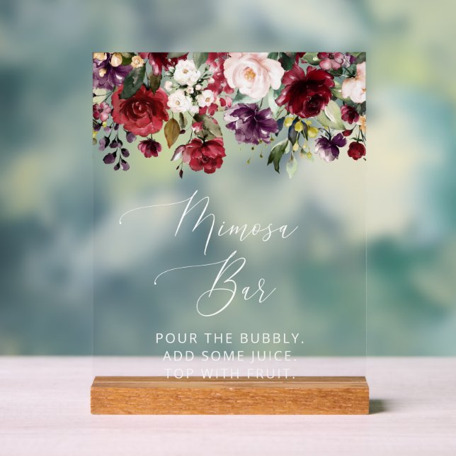 Burgundy Flowers, Pink Flowers, Boho, Mimosa Bar  Acrylic Sign (Neutral)