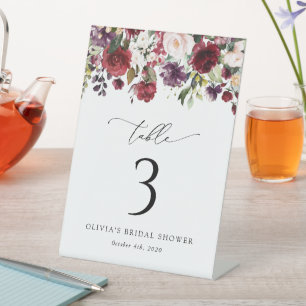 Burgundy Flowers, Pink Flowers, Boho Table Numbers Pedestal Sign