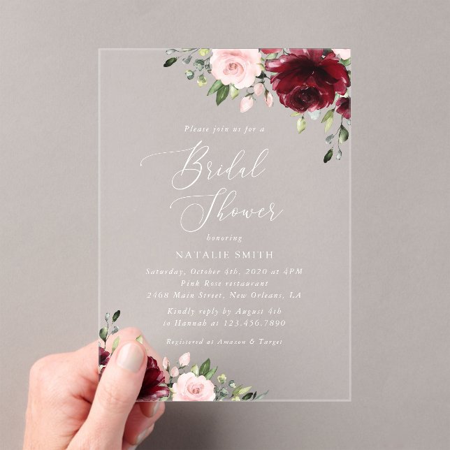 Burgundy Flowers, Pink Flowers, Bridal Shower  Acrylic Invitations (Insitu (Handheld))