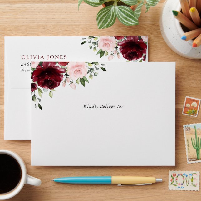 Burgundy Flowers, Pink Flowers, Bridal Shower Envelope (Desk)