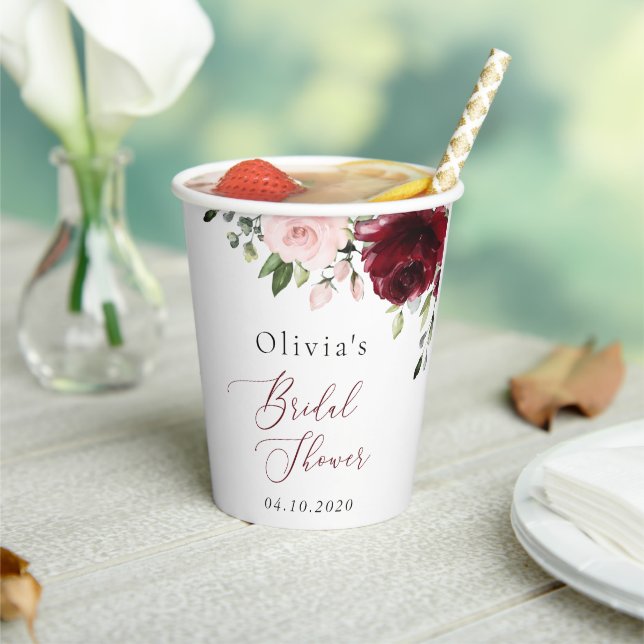Burgundy Flowers, Pink Flowers, Bridal Shower Paper Cups (Insitu)