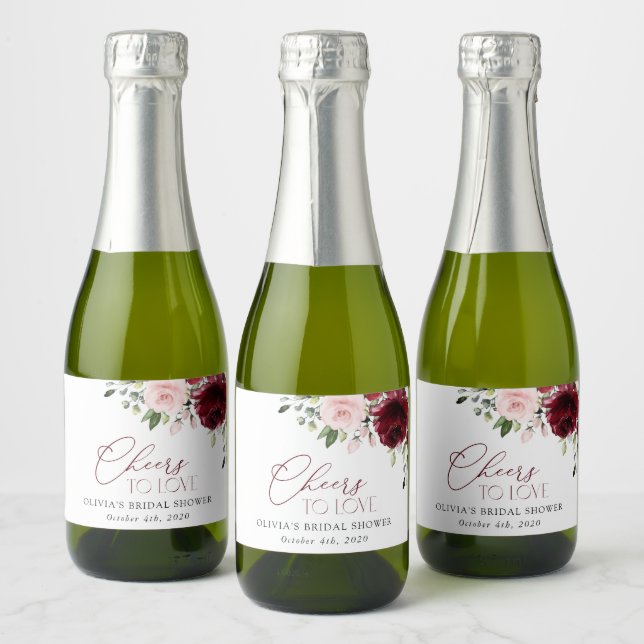 Burgundy Flowers, Pink Flowers, Bridal Shower Sparkling Wine Label (Bottles)