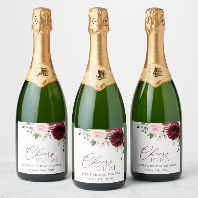 Burgundy Flowers, Pink Flowers, Bridal Shower Sparkling Wine Label (Bottles)