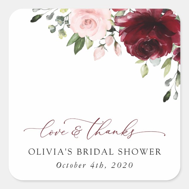 Burgundy Flowers, Pink Flowers, Bridal Shower Square Sticker (Front)