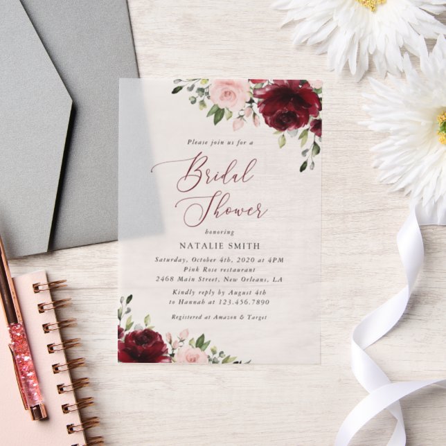 Burgundy Flowers, Pink Flowers, Bridal Shower  Vellum Invitations (Wedding)