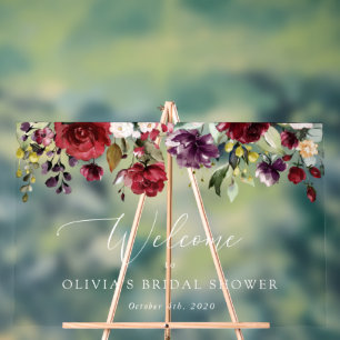 Burgundy Flowers, Pink Flowers, Bridal Welcome Acrylic Sign