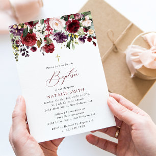 Burgundy Flowers, Pink Flowers, Floral Baptism Invitation
