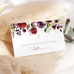 Burgundy Flowers, Pink Flowers, Floral Baptism Place Card