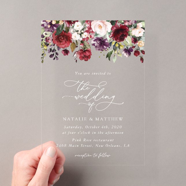Burgundy Flowers, Pink Flowers, Greenery, Wedding Acrylic Invitations (Insitu (Handheld))