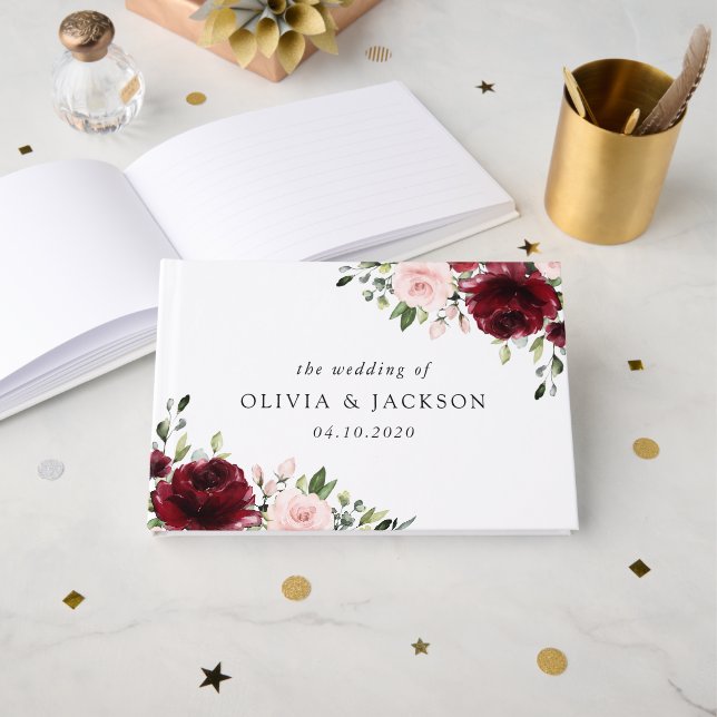 Burgundy Flowers, Pink Flowers, Greenery, Wedding Guest Book (Front Open)