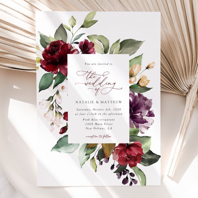 Burgundy Flowers, Pink Flowers, Greenery, Wedding Invitation (Creator Uploaded)