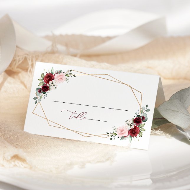 Burgundy Flowers, Pink Flowers, Greenery, Wedding Place Card (Creator Uploaded)
