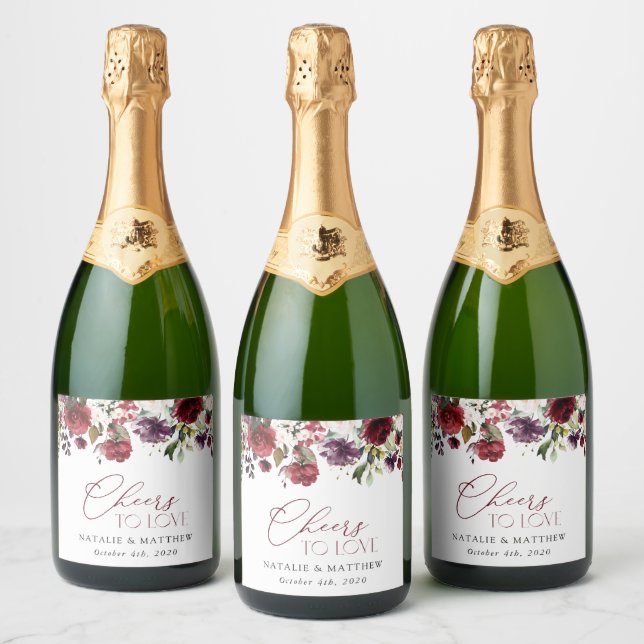 Burgundy Flowers, Pink Flowers, Greenery, Wedding Sparkling Wine Label (Bottles)
