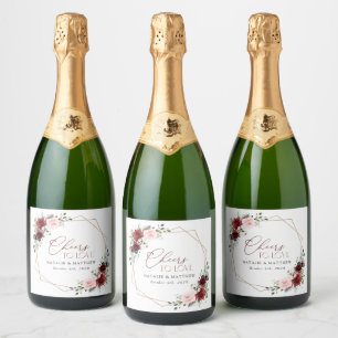 Burgundy Flowers, Pink Flowers, Greenery, Wedding Sparkling Wine Label