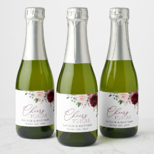 Burgundy Flowers, Pink Flowers, Greenery, Wedding Sparkling Wine Label