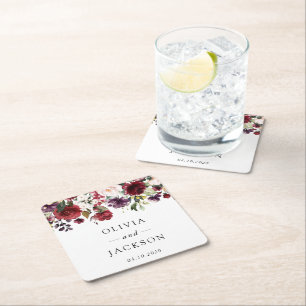 Burgundy Flowers, Pink Flowers, Greenery, Wedding Square Paper Coaster