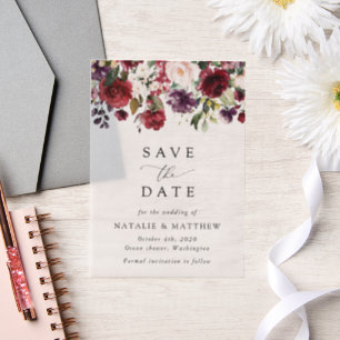 Burgundy Flowers, Pink Flowers, Greenery, Wedding Vellum Invitations