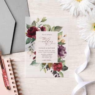 Burgundy Flowers, Pink Flowers, Greenery, Wedding Vellum Invitations