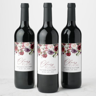 Burgundy Flowers, Pink Flowers, Greenery, Wedding Wine Label