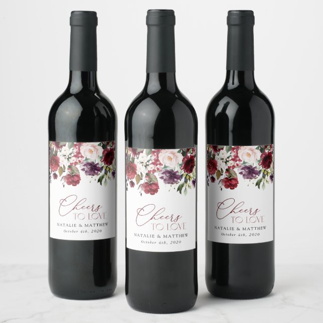 Burgundy Flowers, Pink Flowers, Greenery, Wedding Wine Label (Bottles)