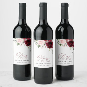 Burgundy Flowers, Pink Flowers, Greenery, Wedding Wine Label