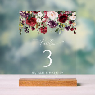 Burgundy Flowers, Pink Flowers, Table Numbers Acrylic Sign