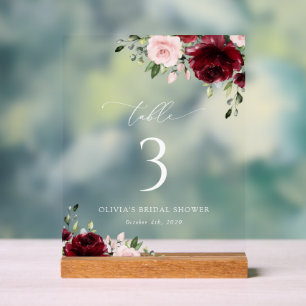Burgundy Flowers, Pink Flowers, Table Numbers Acrylic Sign