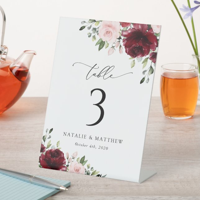Burgundy Flowers, Pink Flowers, Table Numbers Pedestal Sign (In SItu)