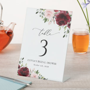 Burgundy Flowers, Pink Flowers, Table Numbers Pedestal Sign