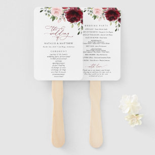Burgundy Flowers, Pink Flowers, Wedding Program Hand Fan