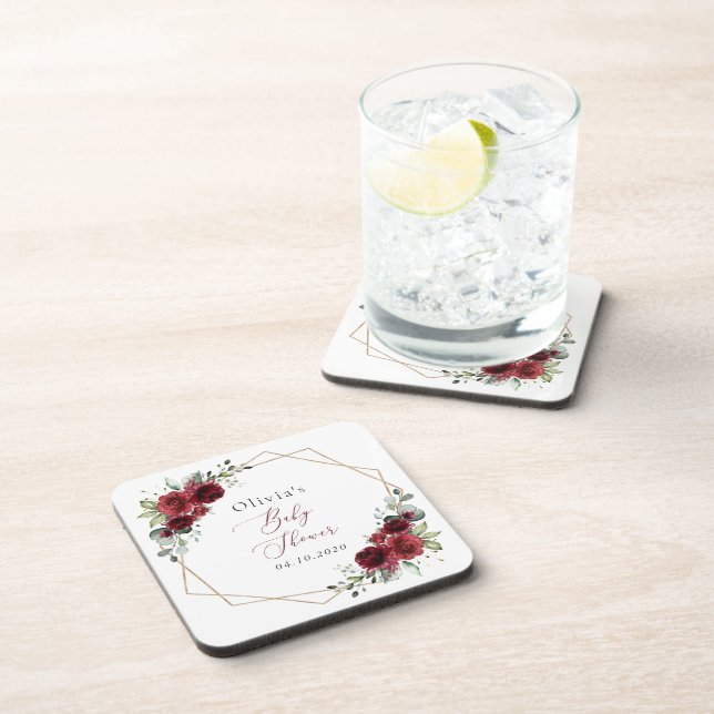 Burgundy Flowers, Red Flowers, Baby Shower Coaster (Right Side)