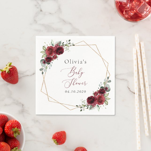 Burgundy Flowers, Red Flowers, Baby Shower Napkin (Insitu)