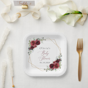 Burgundy Flowers, Red Flowers, Baby Shower Paper Plate