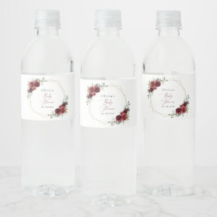 Burgundy Flowers, Red Flowers, Baby Shower Water Bottle Label