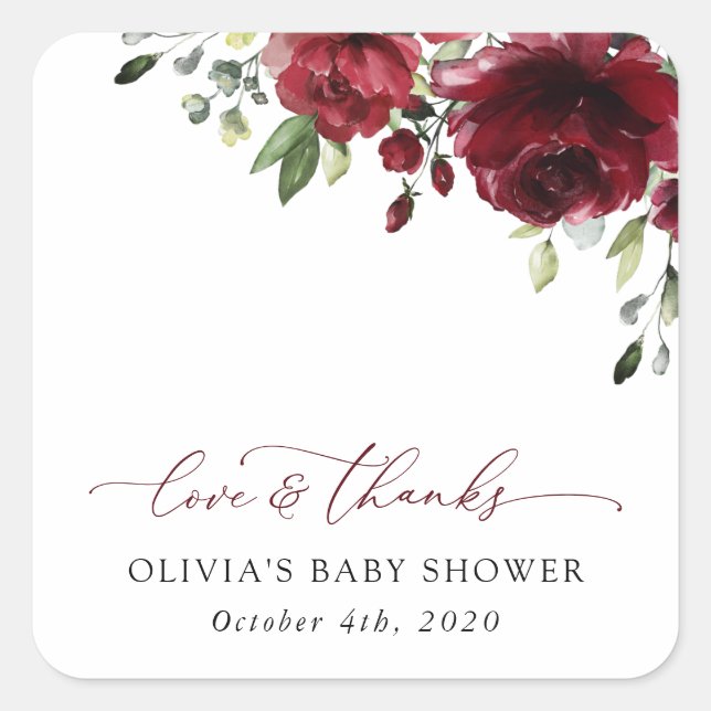 Burgundy Flowers, Red Flowers, Boho, Baby Shower Square Sticker (Front)