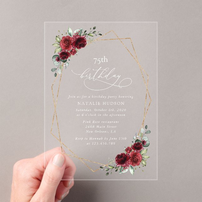 Burgundy Flowers, Red Flowers, Boho, Birthday Acrylic Invitations (Insitu (Handheld))