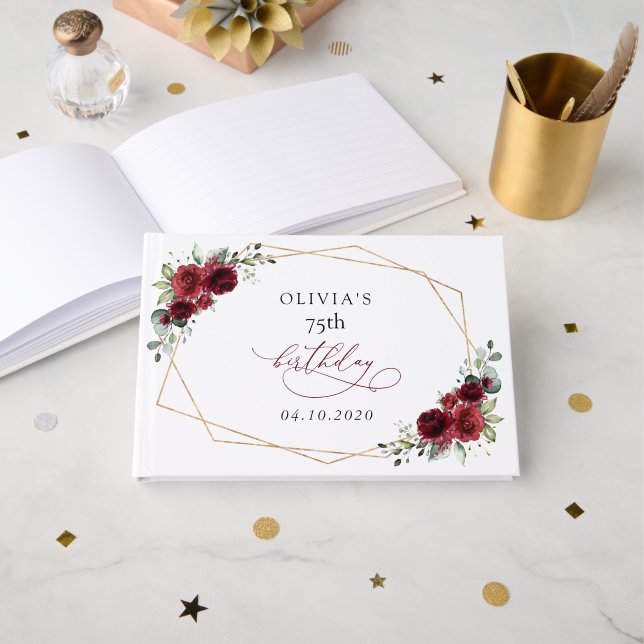 Burgundy Flowers, Red Flowers, Boho, Birthday Guest Book (Front Open)