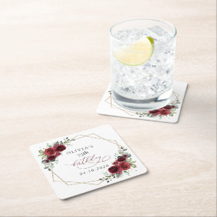 Burgundy Flowers, Red Flowers, Boho, Birthday Square Paper Coaster