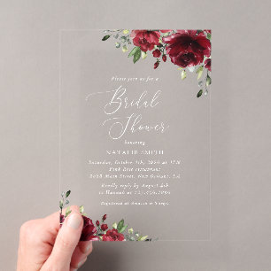 Burgundy Flowers, Red Flowers, Boho, Bridal Shower Acrylic Invitations