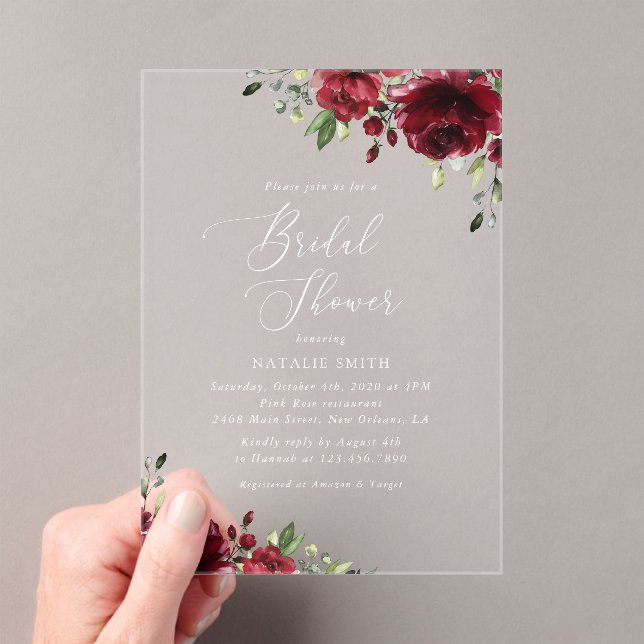Burgundy Flowers, Red Flowers, Boho, Bridal Shower Acrylic Invitations (Insitu (Handheld))