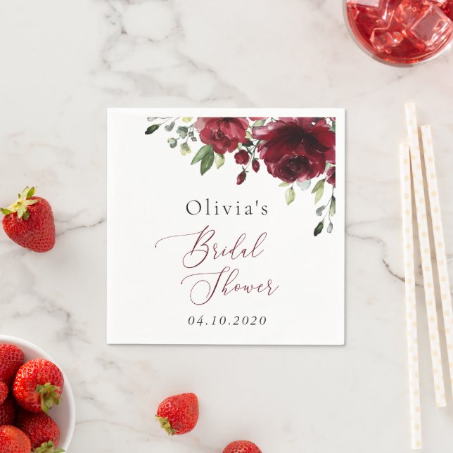 Burgundy Flowers, Red Flowers, Boho, Bridal Shower Napkin (Insitu)