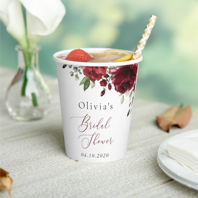 Burgundy Flowers, Red Flowers, Boho, Bridal Shower Paper Cups (Insitu)