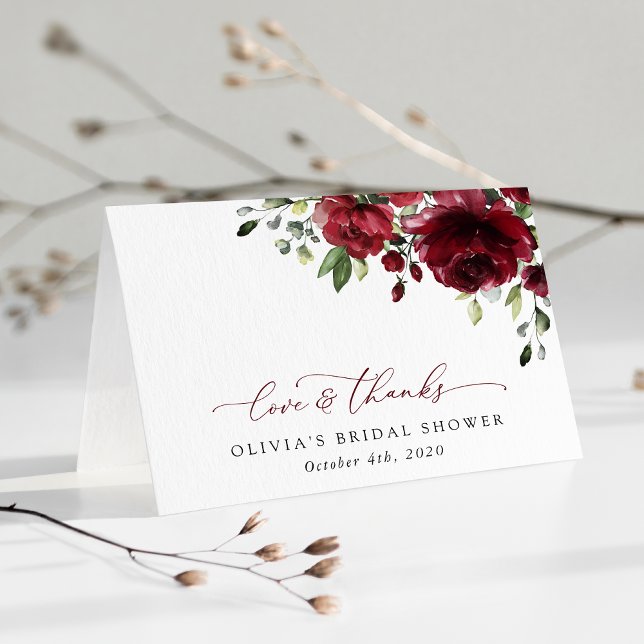 Burgundy Flowers, Red Flowers, Boho, Bridal Shower Thank You Card (Creator Uploaded)