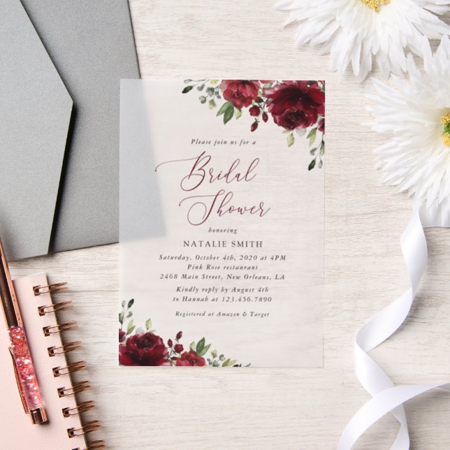 Burgundy Flowers, Red Flowers, Boho, Bridal Shower Vellum Invitations (Wedding)