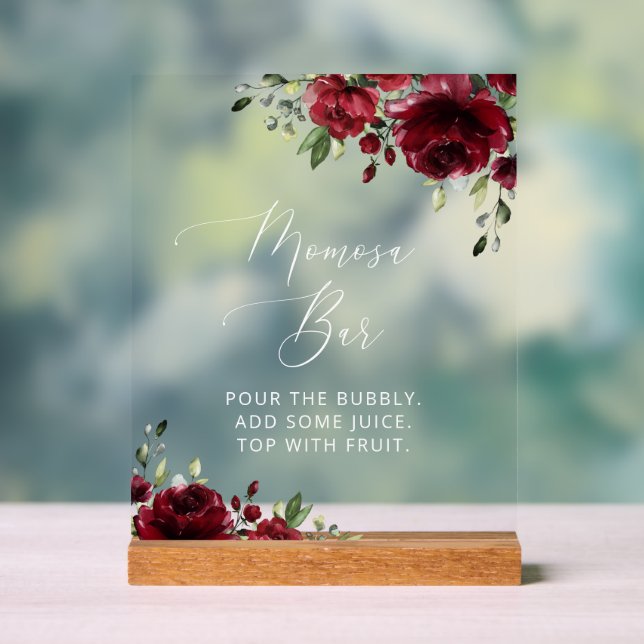 Burgundy Flowers, Red Flowers, Boho, Momosa Bar Acrylic Sign (Neutral)