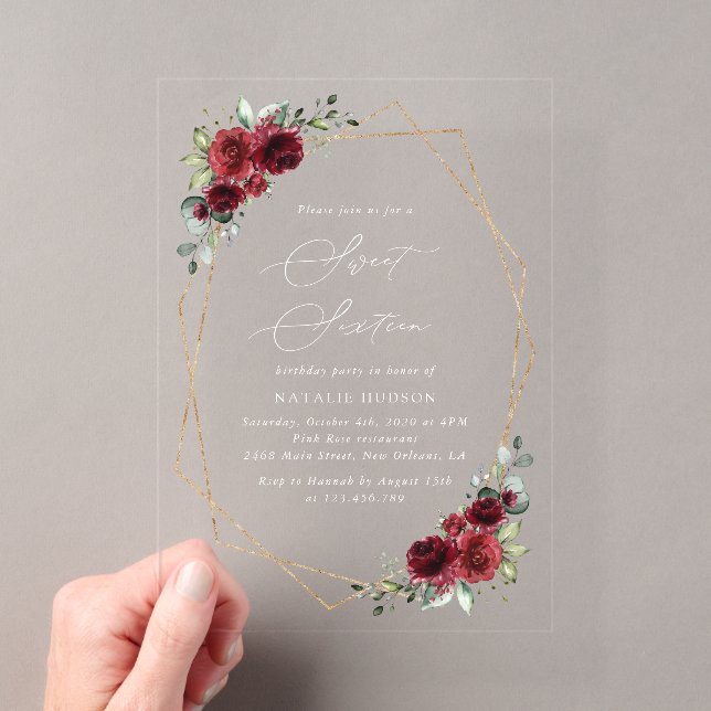 Burgundy Flowers, Red Flowers, Boho, Sweet 16 Acrylic Invitations (Insitu (Handheld))