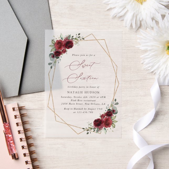 Burgundy Flowers, Red Flowers, Boho, Sweet 16 Vellum Invitations (Wedding)